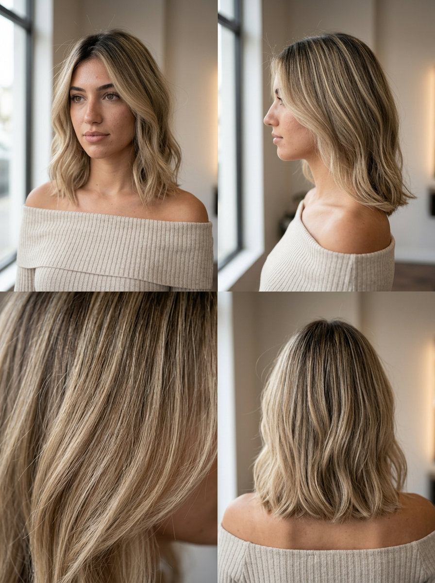 Sandy Blonde Highlights 2026 long sandy beige blonde highlights with root smudge, babylights technique — effortless weekend casual