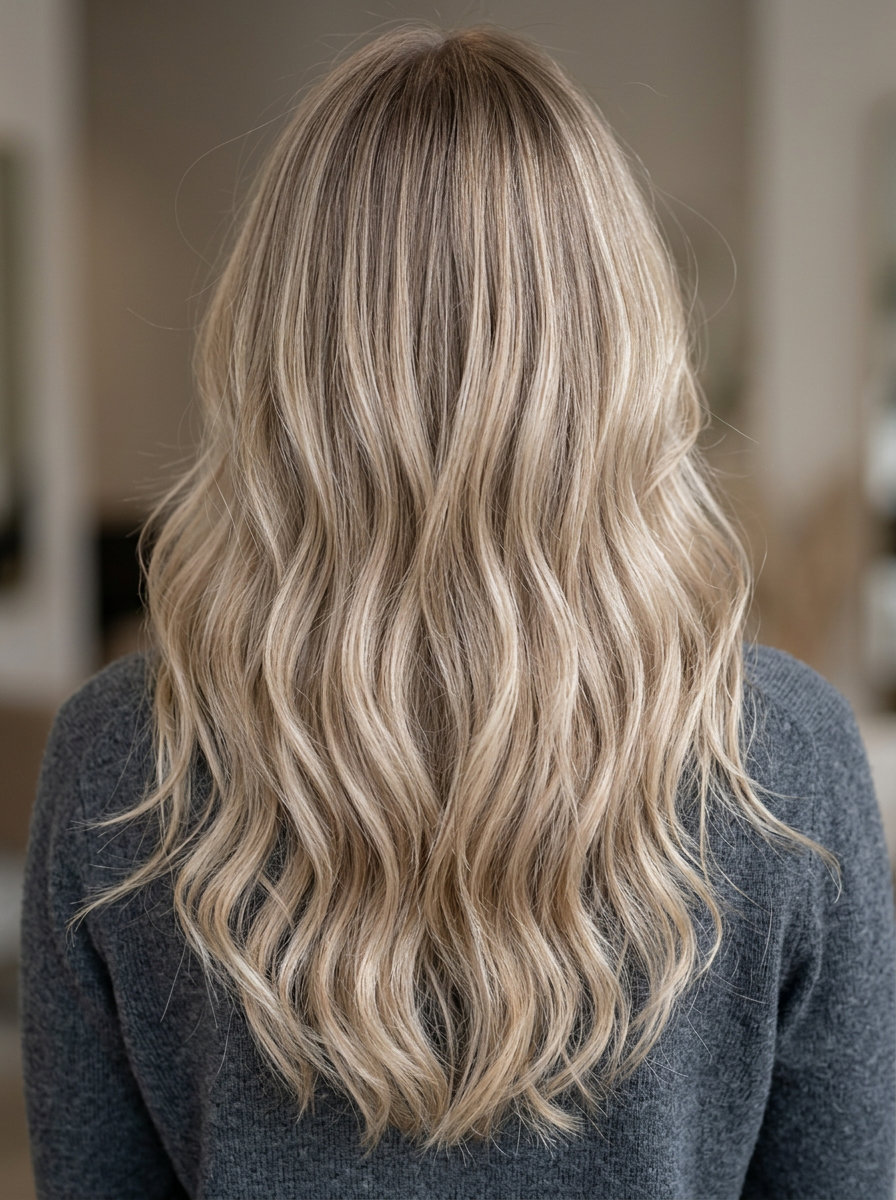 long layered cut with sandy beige blonde balayage and cool-toned root for natural look