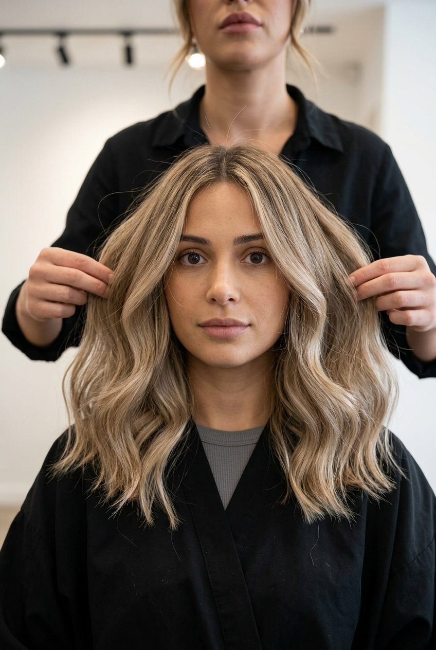 Sandy Blonde Balayage 2026: Effortless Summer Hair long sandy blonde haircut with cool beige tones, dark blonde root, balayage — effortless summer style