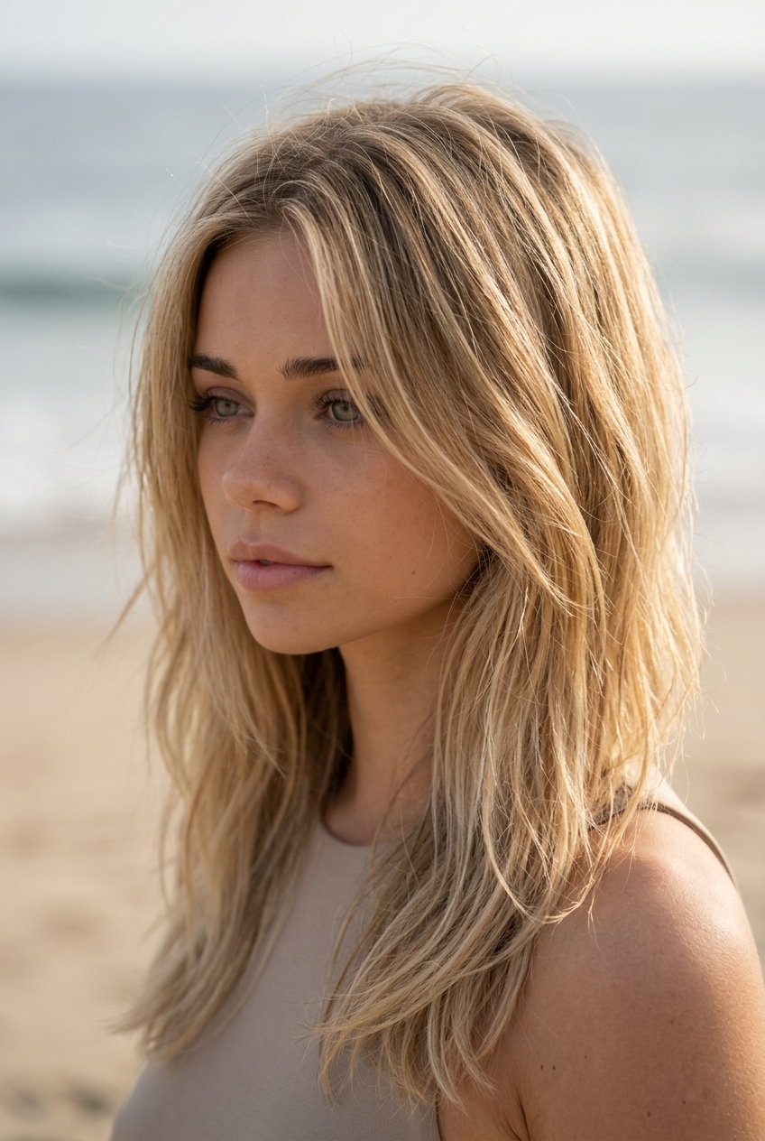 long sandy blonde shullet with diffused layers and face-framing pieces