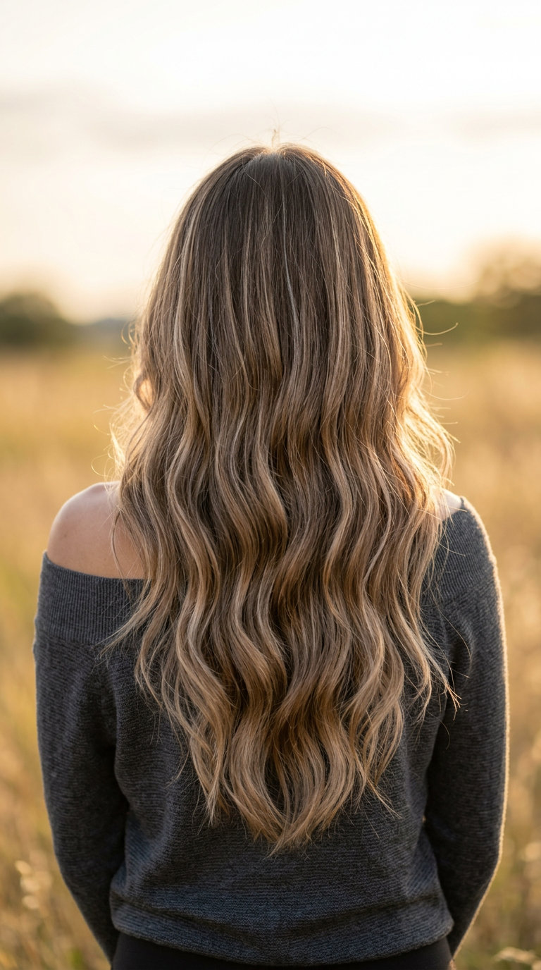 Sandy Shiitake Layers 2026: Sunkissed Balayage long sunkissed sandy shiitake mushroom brown balayage, curtain bangs — bohemian