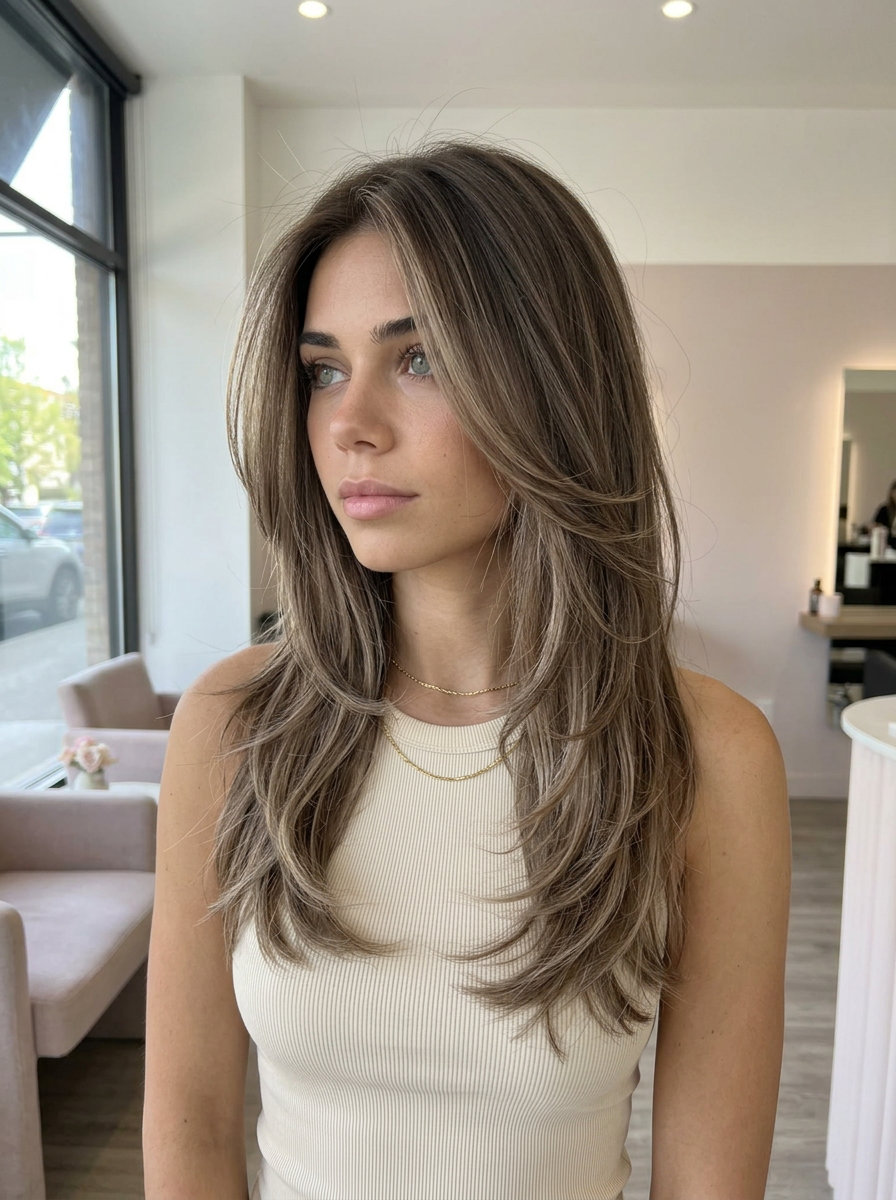 Driftwood Waves 2026: Mushroom Brown Balayage long sandy shiitake mushroom brown balayage with driftwood teasylights, face-framing layers — relaxed