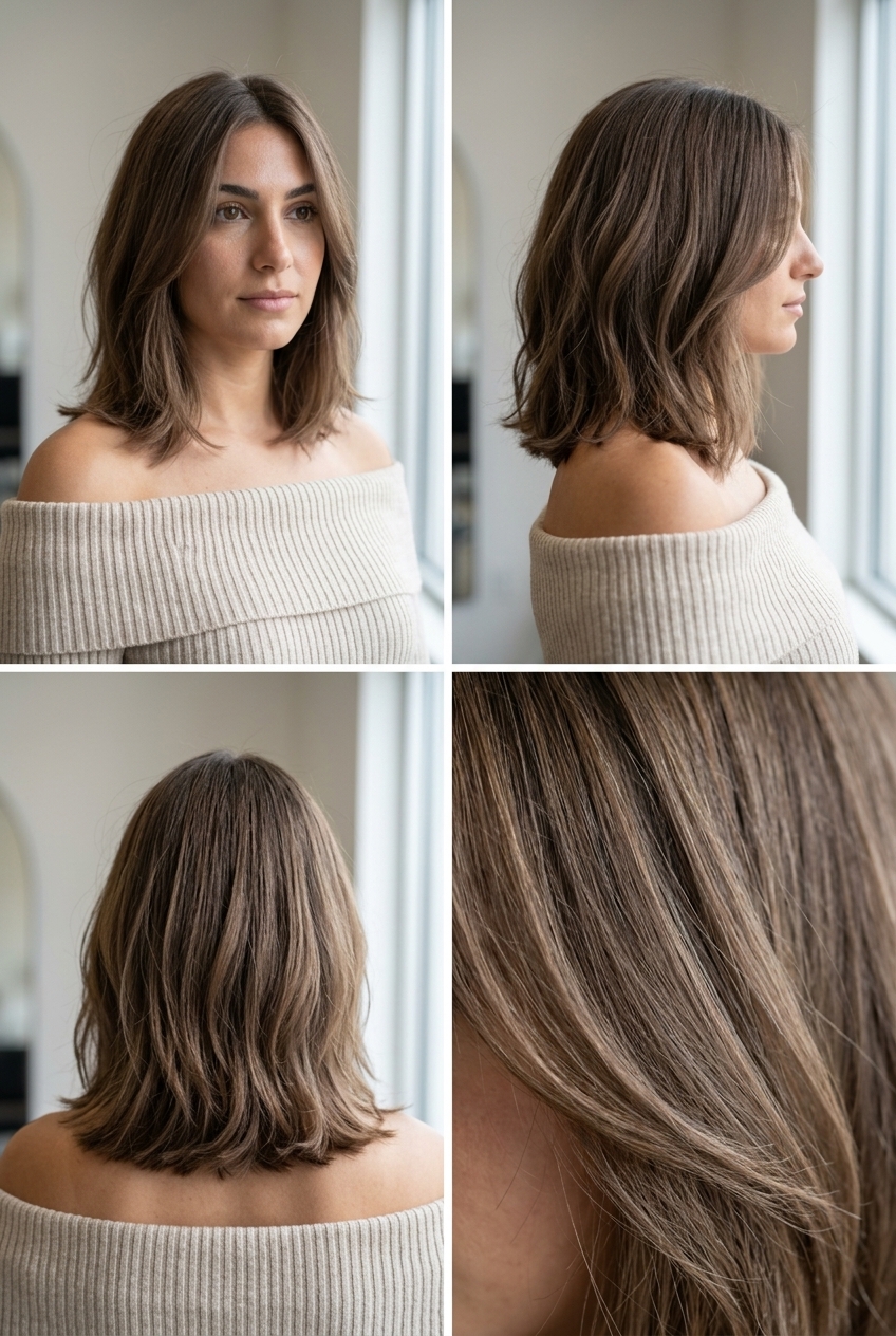 Sandy Shiitake Lob 2026: Soft Waves shoulder-length sandy shiitake mushroom brown lob with long layers, soft perimeter — relaxed