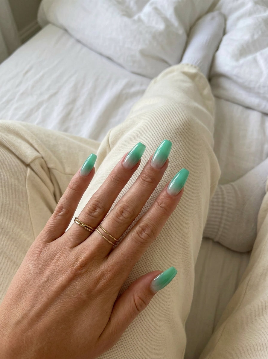Aquatic Jelly Ombre Nails | Shell Summer Nails 2026 Aquatic Jelly Ombre nails for shell summer nails 2026. Clear to seafoam green ombre on long almond nails.