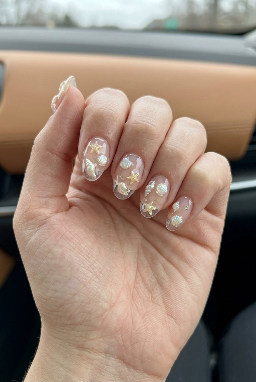 Crystal Shell Garden Nails 2026 Crystal shell garden nails for shell summer nails 2026, ideal for beach vacations and festivals.