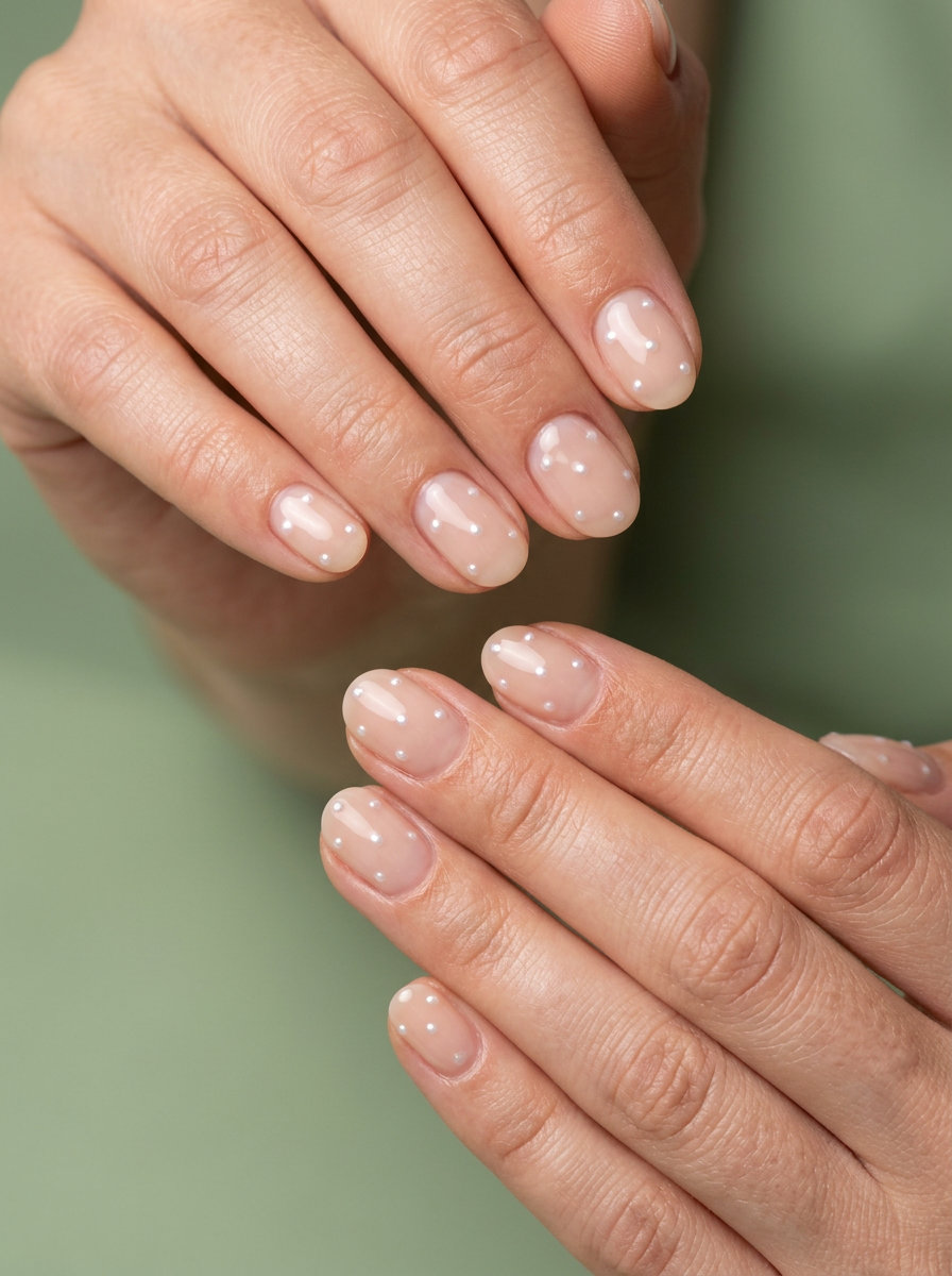 Dewdrop Nude Oval Shell Summer Nails 2026 Dewdrop nude oval pearls shell summer nails 2026: minimalist sheer nude with pearlescent dots.