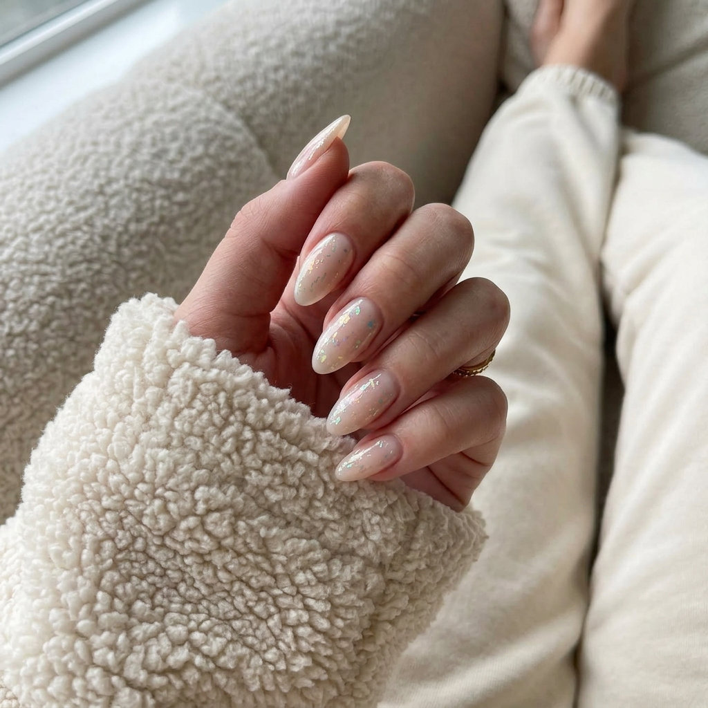 Ethereal Foil Flake Nude Shell Summer Nails 2026 Ethereal foil flake nude shell summer nails 2026: chic soft square nails with iridescent flakes.