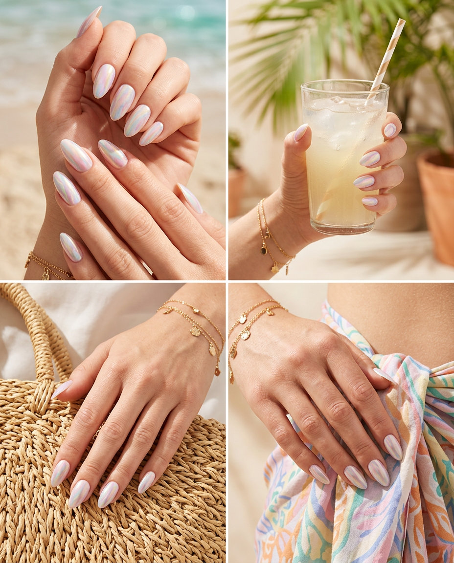 Pastel Marble Iridescence Shell Summer Nails 2026 Ethereal pastel marble iridescence shell summer nails 2026: romantic dreamy coffin nails with iridescent shift.
