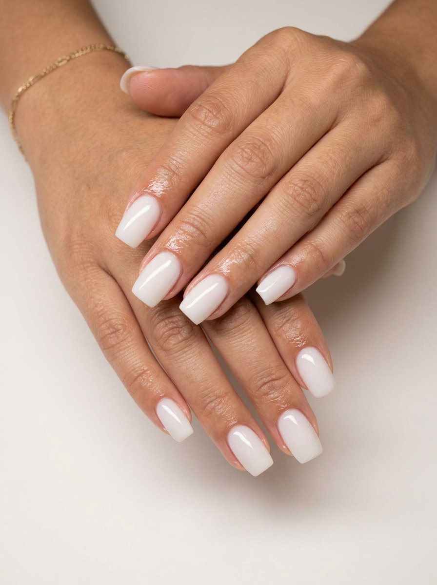 Milky Builder Gel Overlay Shell Summer Nails 2026 Opaque milky builder gel overlay shell summer nails 2026: clean minimalist short square nails.