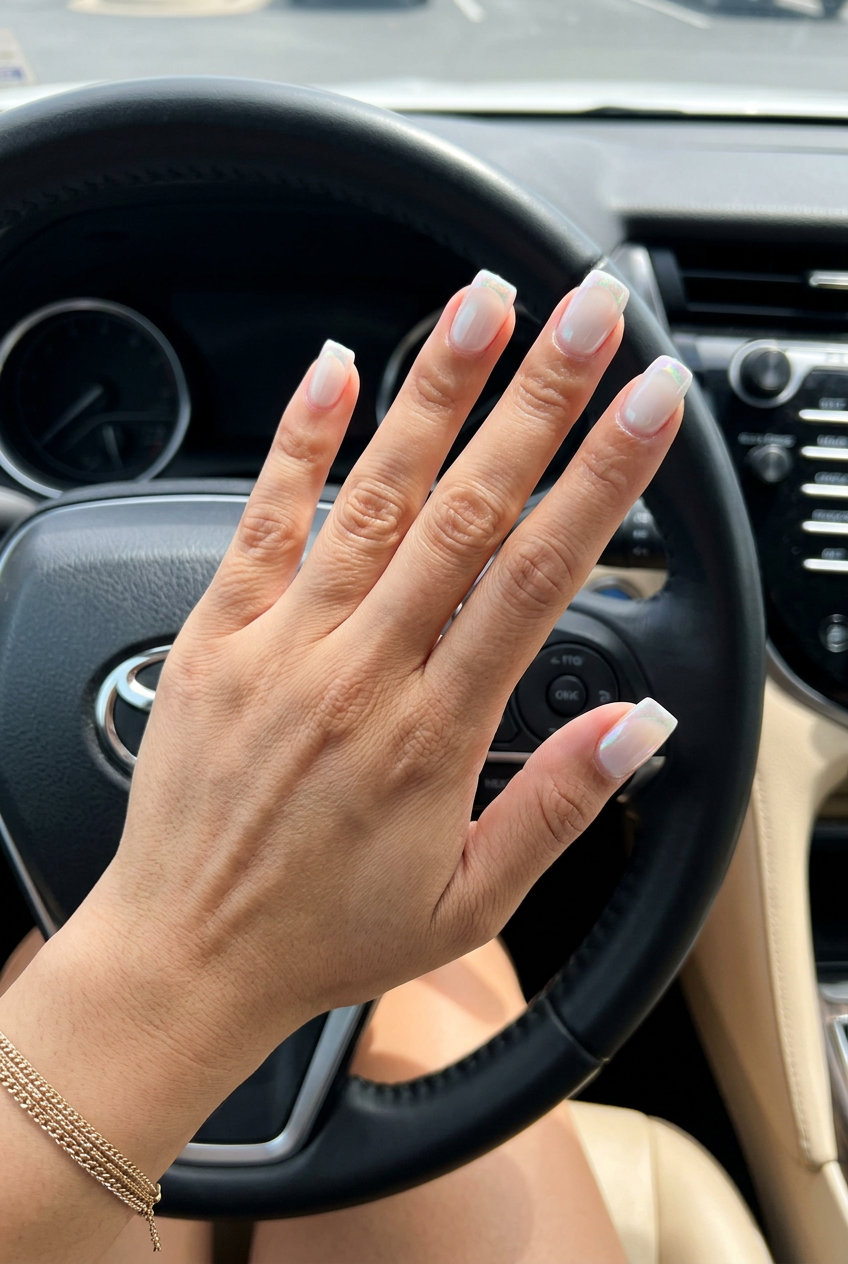 Mother-of-Pearl Micro French | Shell Summer Nails 2026 Mother-of-Pearl Micro French nails for shell summer nails 2026. Minimalist nude with iridescent pearl tips.
