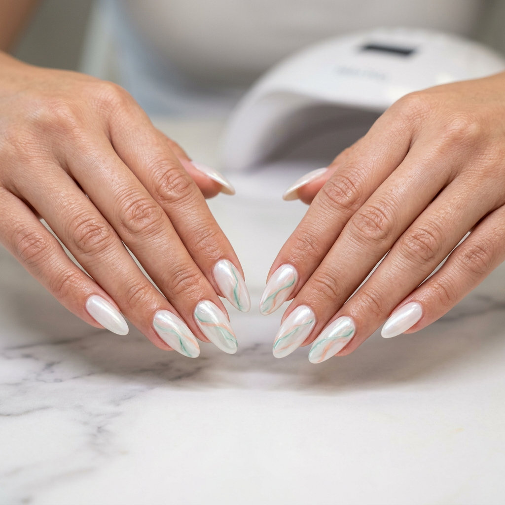 Oceanic Marble Almond Shell Summer Nails 2026 Oceanic marble almond gloss shell summer nails 2026: sophisticated seafoam green and coral marble.