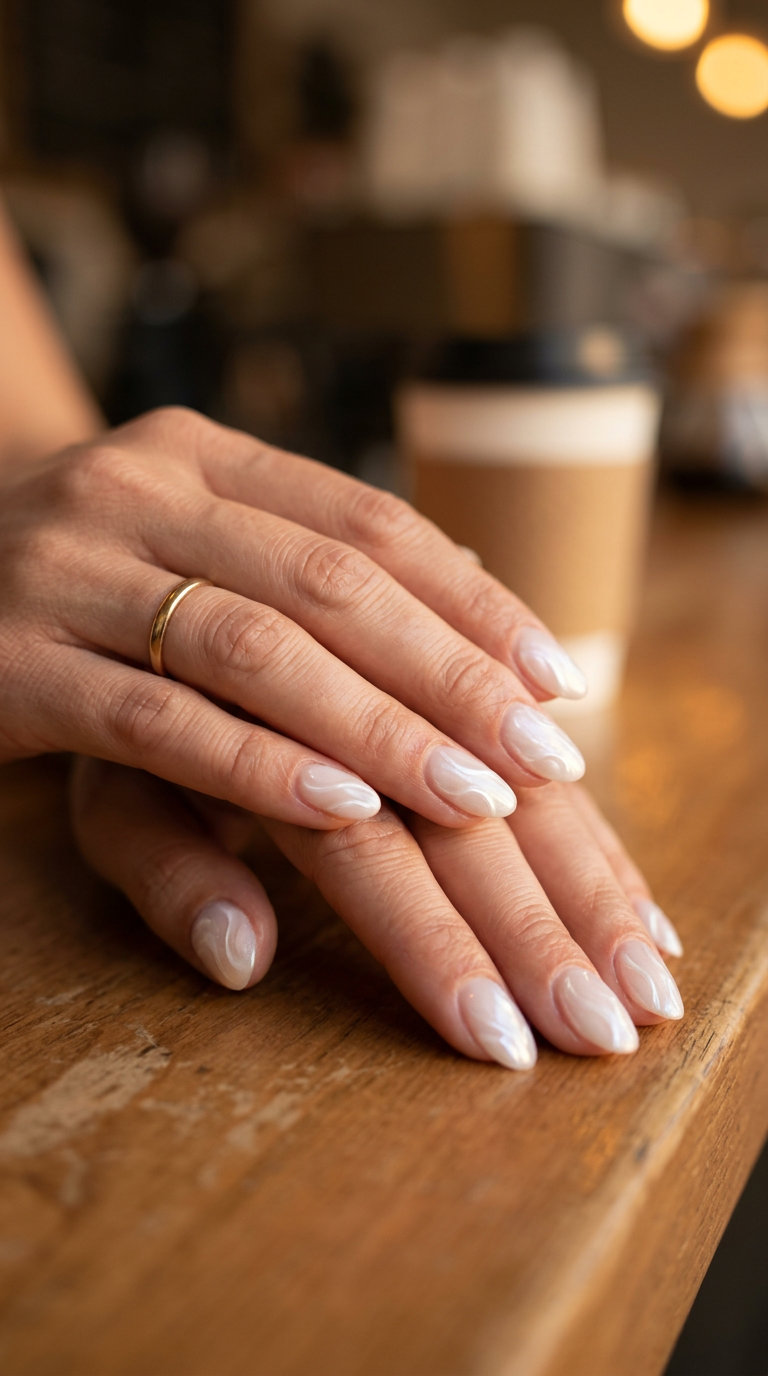 Sheer Pearlescent Swirl Nails 2026 Sheer pearlescent white swirl nails for shell summer nails 2026, elegant for weddings and everyday.