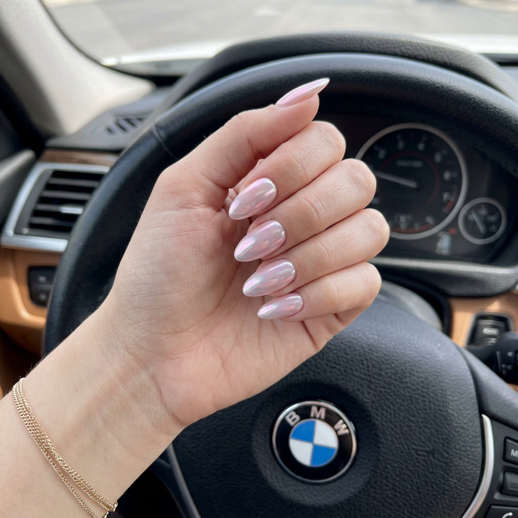 Pink Oyster Chrome Shimmer | Shell Summer Nails 2026 Pink Oyster Chrome Shimmer nails for shell summer nails 2026. Glamorous soft pink with iridescent chrome shift.