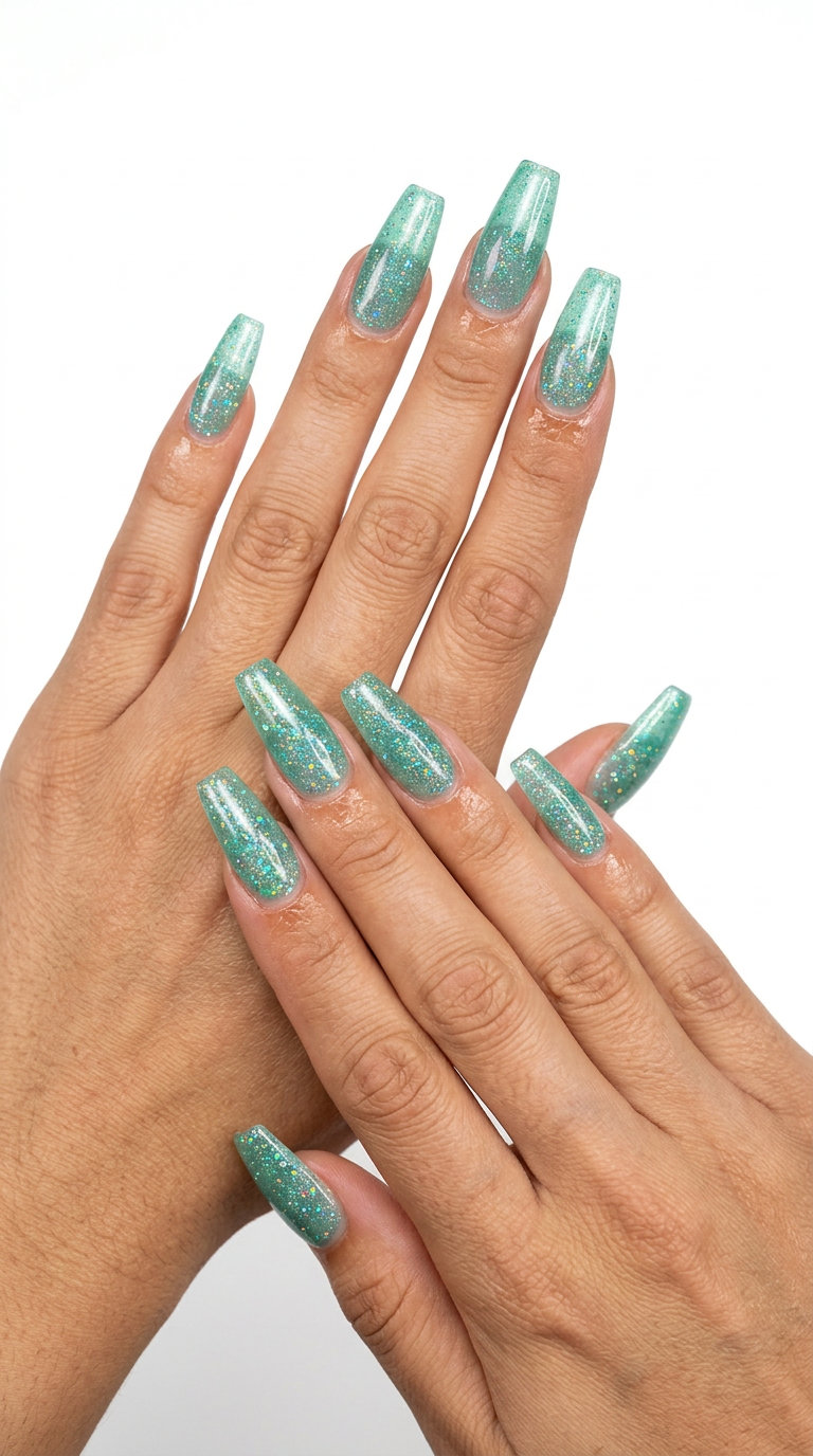 Sparkling Seafoam Holographic Nails 2026 Sparkling seafoam holographic nails for shell summer nails 2026, vibrant for festivals and parties.