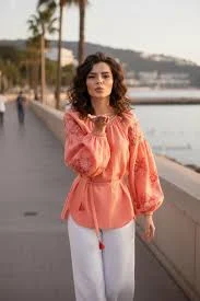 Peach Embroidered Peasant Blouse. Balloon Sleeve Boho Top. Tassel Tie Belt. Chic Gypsy Hippie Fashion Shirt. Resort Vacation Wear