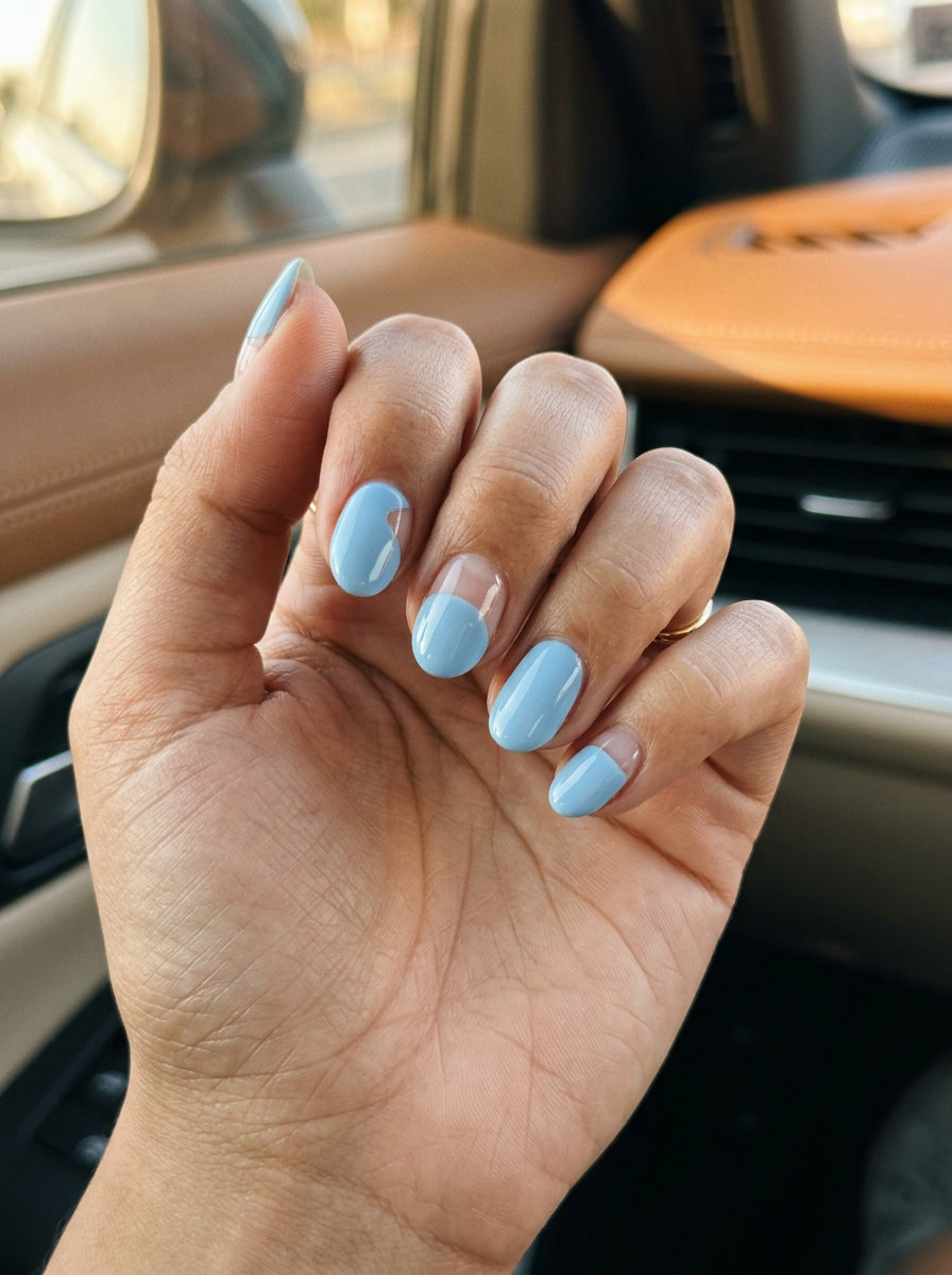 Short oval summer nails 2026 with airy blue negative space geo design. Minimalist chic for daily wear.