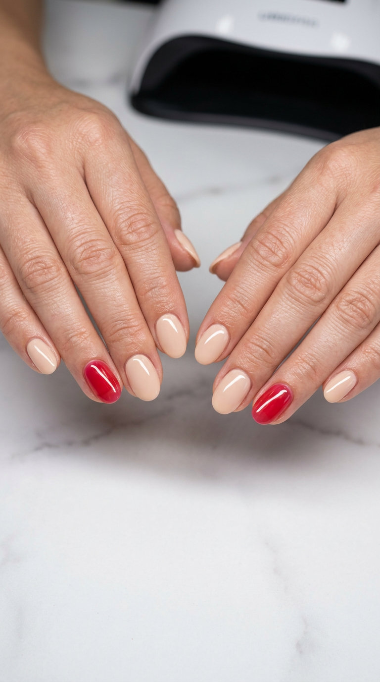 Cherry Pop Jelly Accent Nails 2026 Short oval summer nails 2026 with cherry pop jelly accent. Bold for date nights and parties.