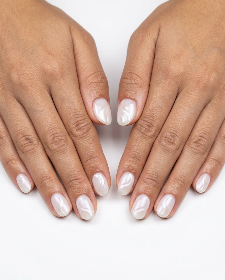 Ethereal Pearl Swirl Nails 2026 | Romantic Summer Style Short oval summer nails 2026: Ethereal milky white with pearlescent swirls for a romantic, sophisticated wedding guest look.