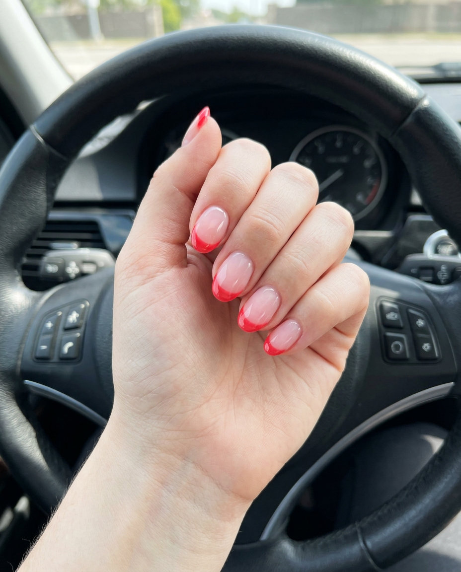 Juicy Watermelon Wedge French Nails 2026 Short oval summer nails 2026: Juicy Watermelon Wedge French for vacation, pool party.