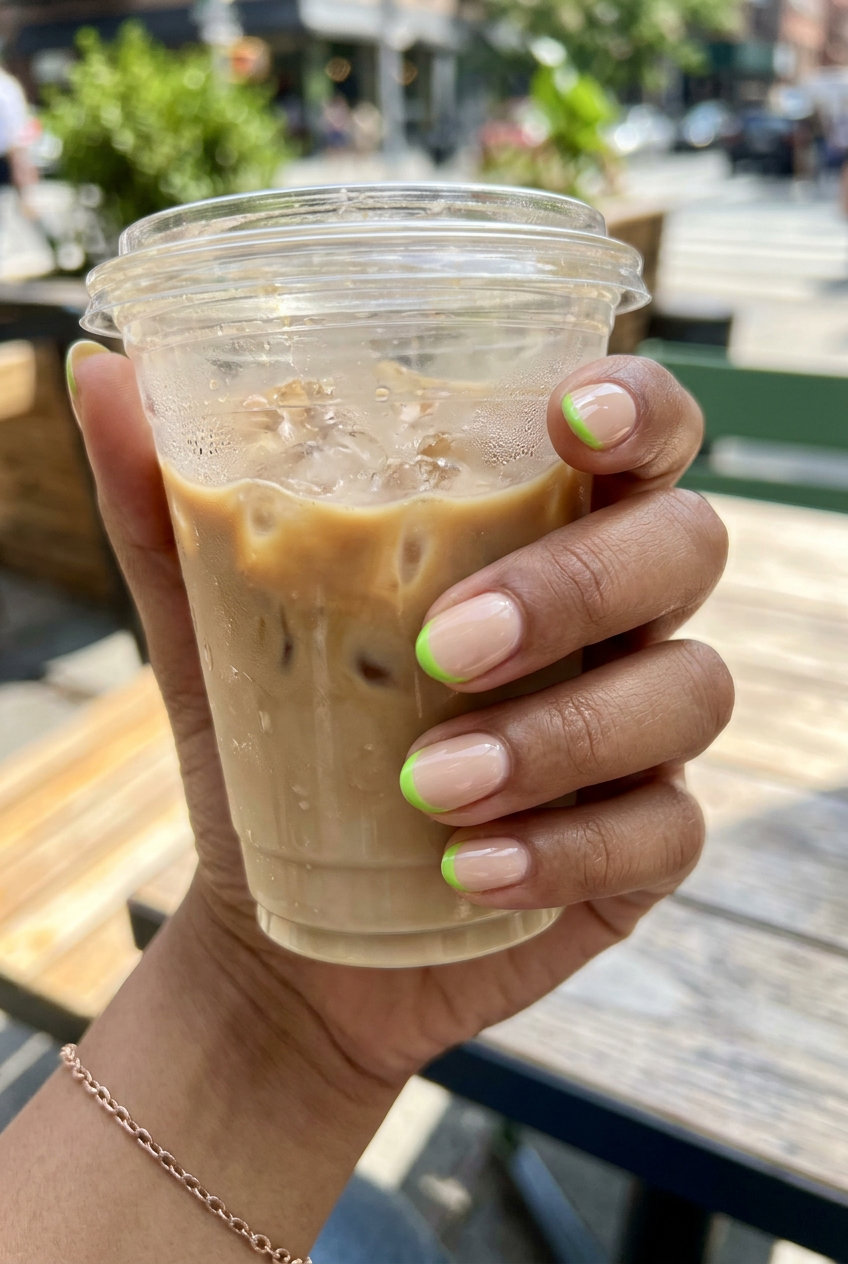 Zesty Lime Micro French Nails 2026 Short oval summer nails 2026 with zesty lime micro French tips. Fresh and playful for daily wear.