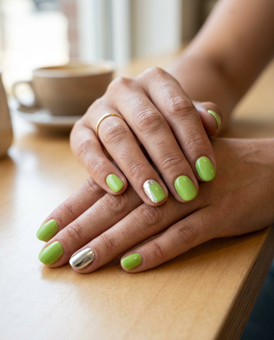 Lime Green Chrome Nails 2026 | Bold Summer Style Short oval summer nails 2026: Lime green with a silver chrome half-moon accent for a playful, bold party look.