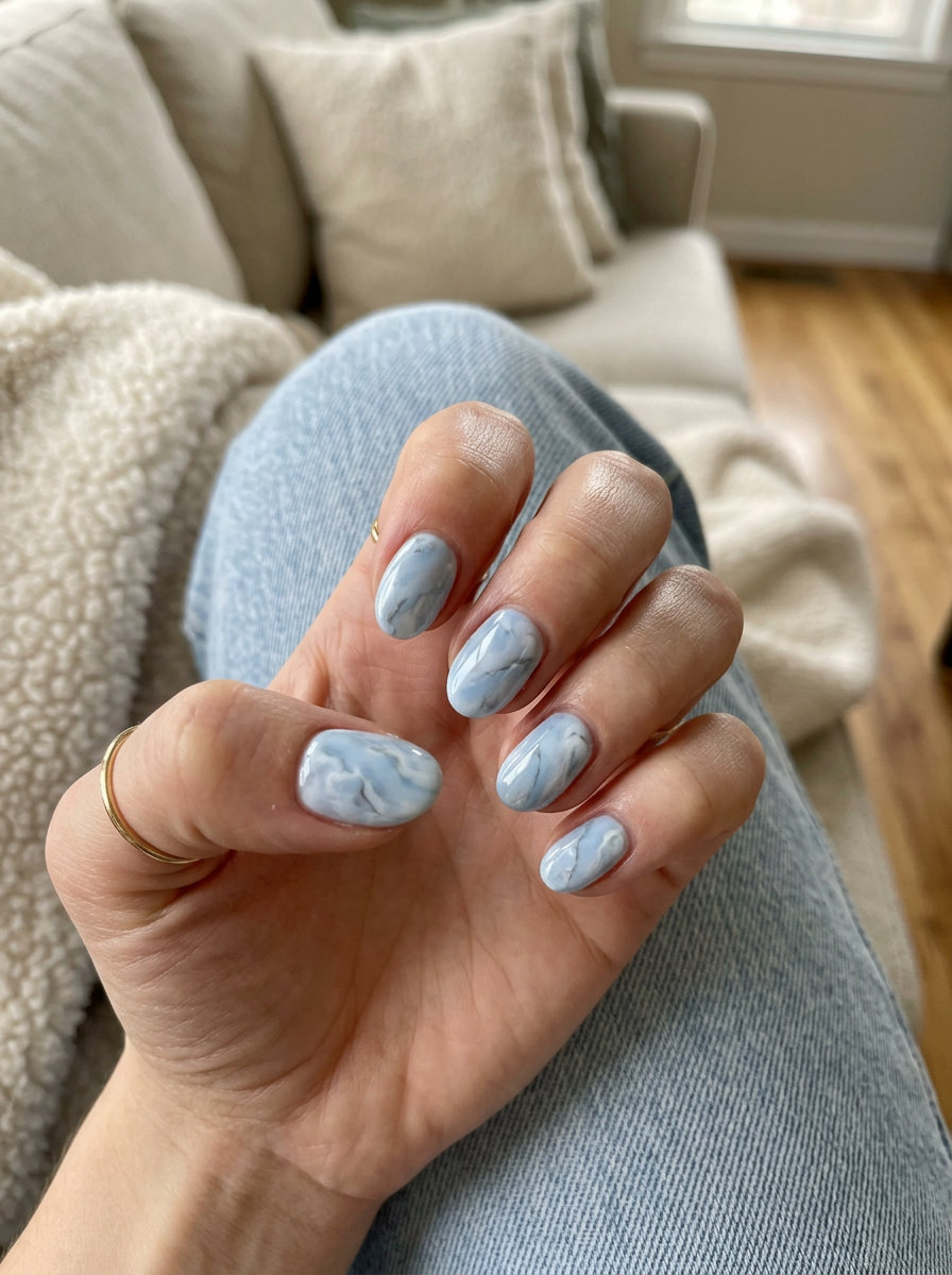 Marbled Sky Dreams Nails 2026 Short oval summer nails 2026: Marbled Sky Dreams with sky blue, white, and grey for parties.