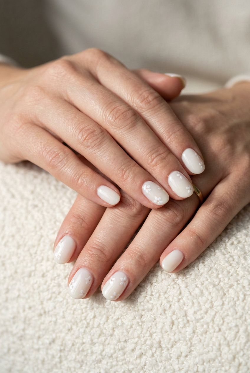 Milky White Flower Nails 2026 | Elegant Summer Style Short oval summer nails 2026: Milky white gel with delicate white floral decals for a romantic, elegant look.