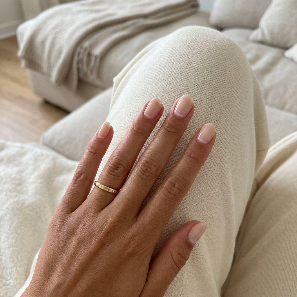 Modern Nude Reverse French Nails 2026 Short oval summer nails 2026: Modern Nude Reverse French for daily wear, office, casual chic.