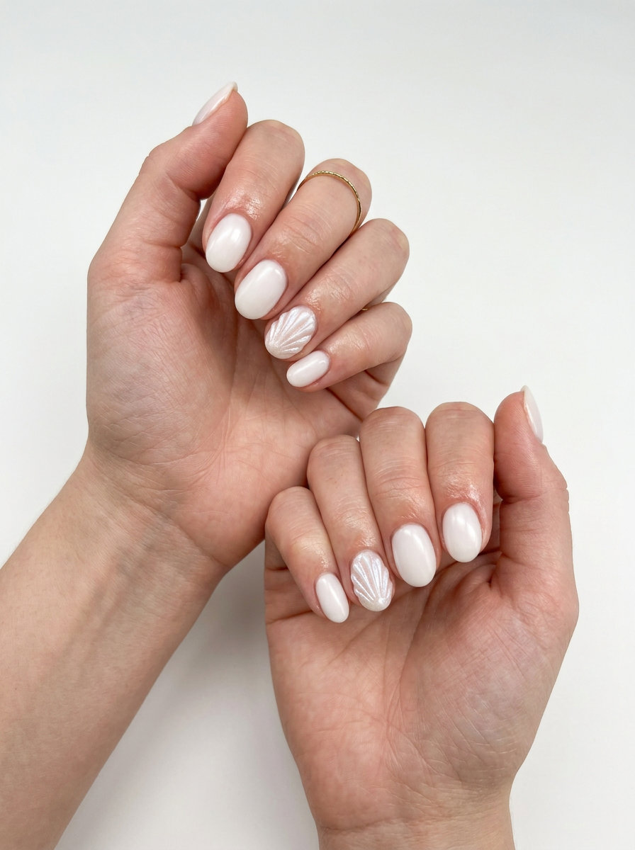 Seashell Accent Nails 2026 | Bohemian Summer Style Short oval summer nails 2026: Milky white with a 3D pearlescent seashell accent for a bohemian beach vacation look.