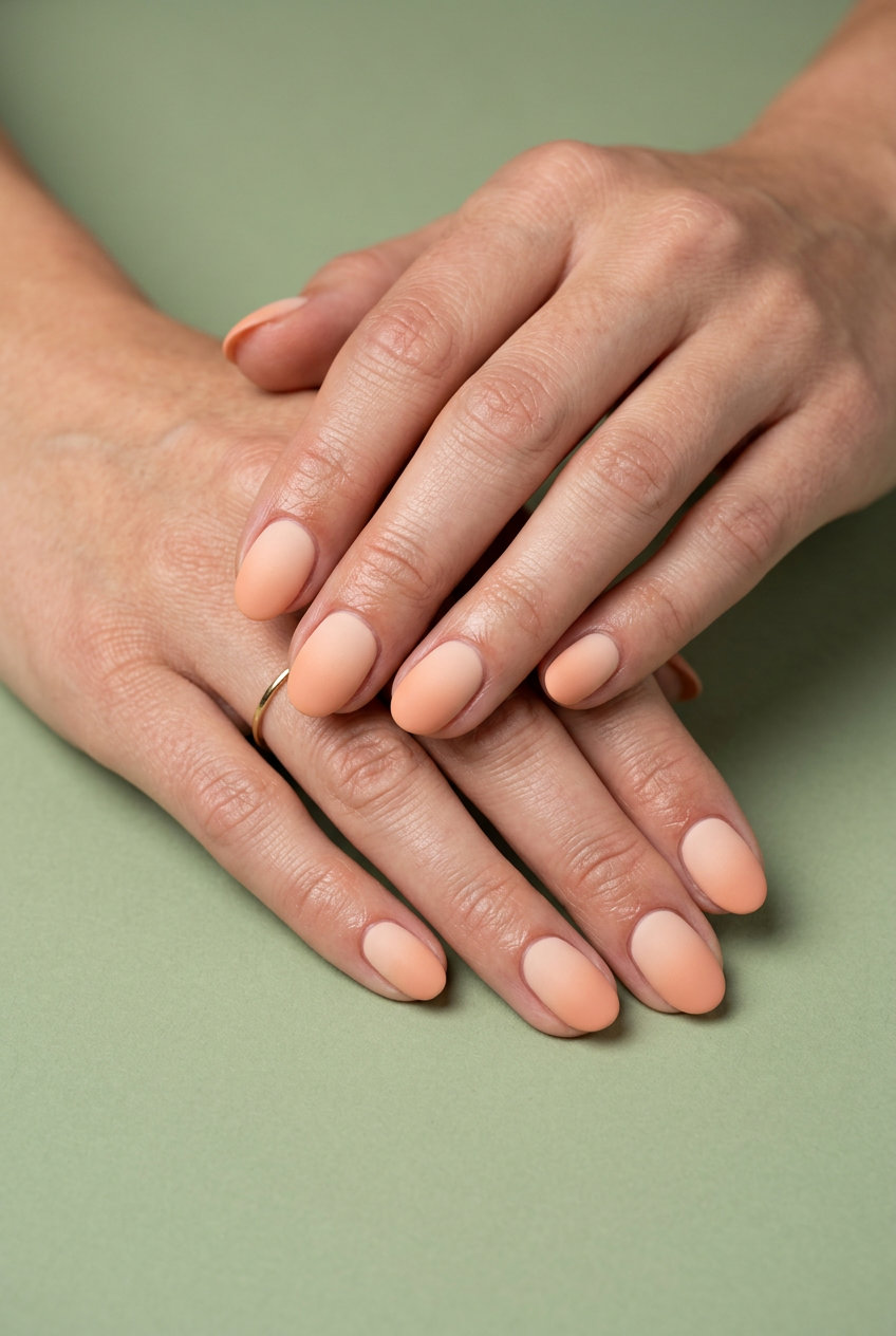 Soft Matte Peach Gradient Nails 2026 Short oval summer nails 2026: Soft Matte Peach Gradient for daily, work, casual chic.