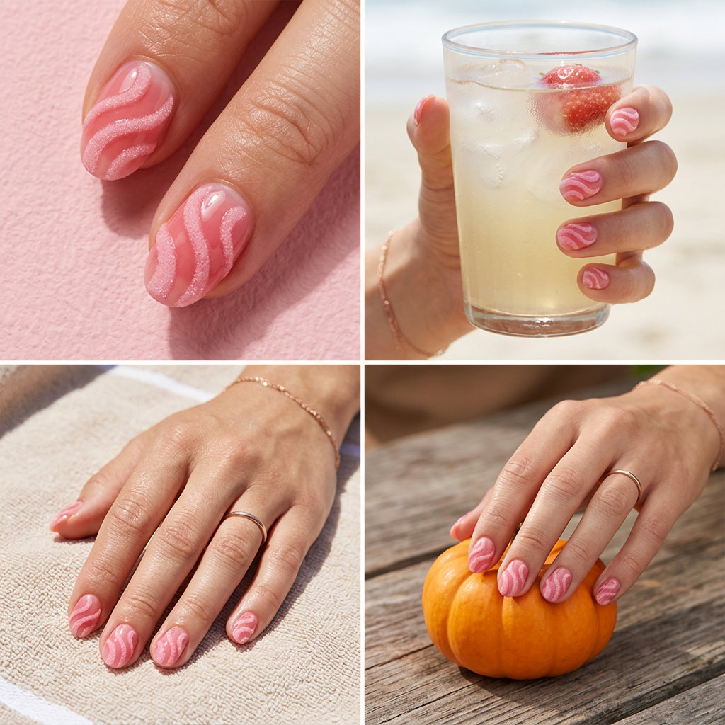 Strawberry Swirl Sugar Texture Nails 2026 Short oval summer nails 2026: Strawberry Swirl Sugar Texture for casual, vacation, playful.