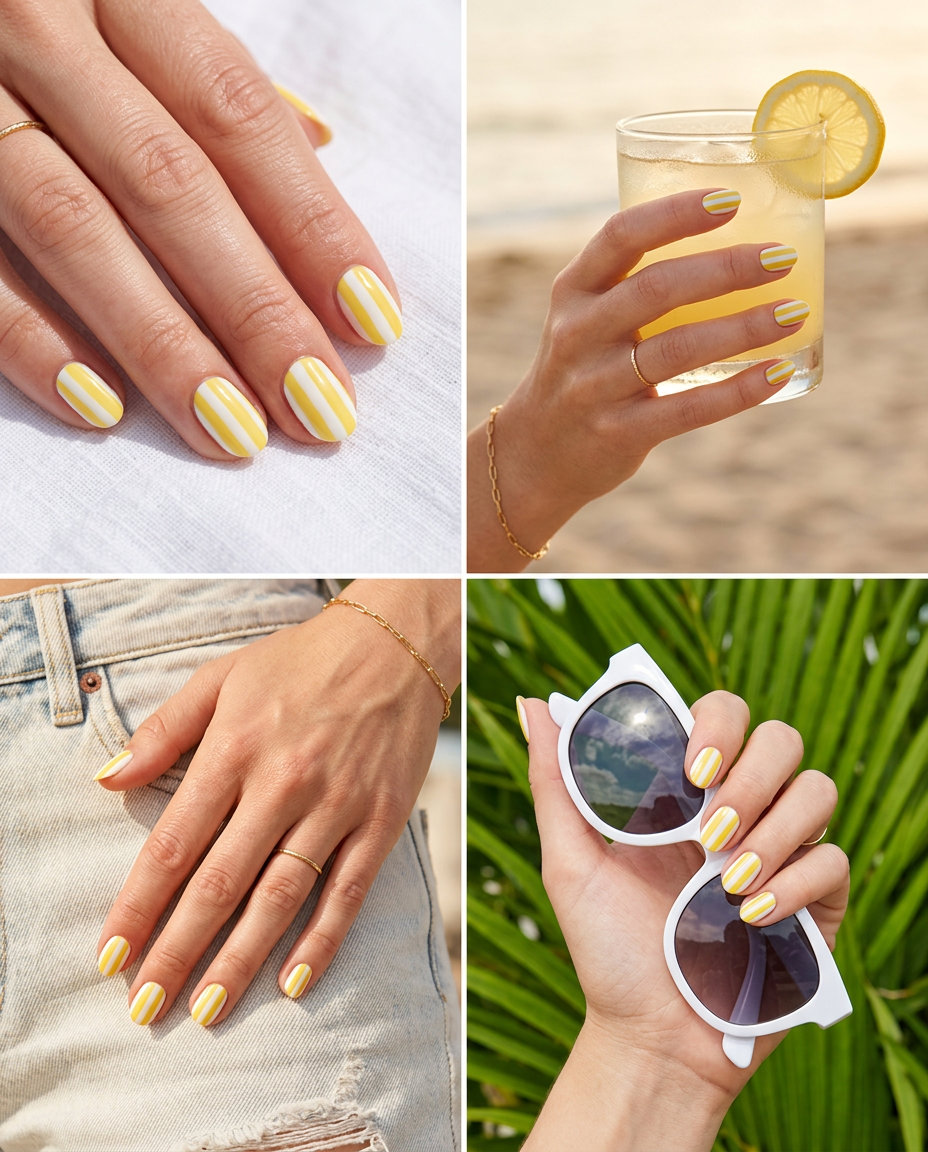 Sunny Stripe Nails 2026 Short oval summer nails 2026: Sunny Stripe Nails with yellow and white for casual, festivals.