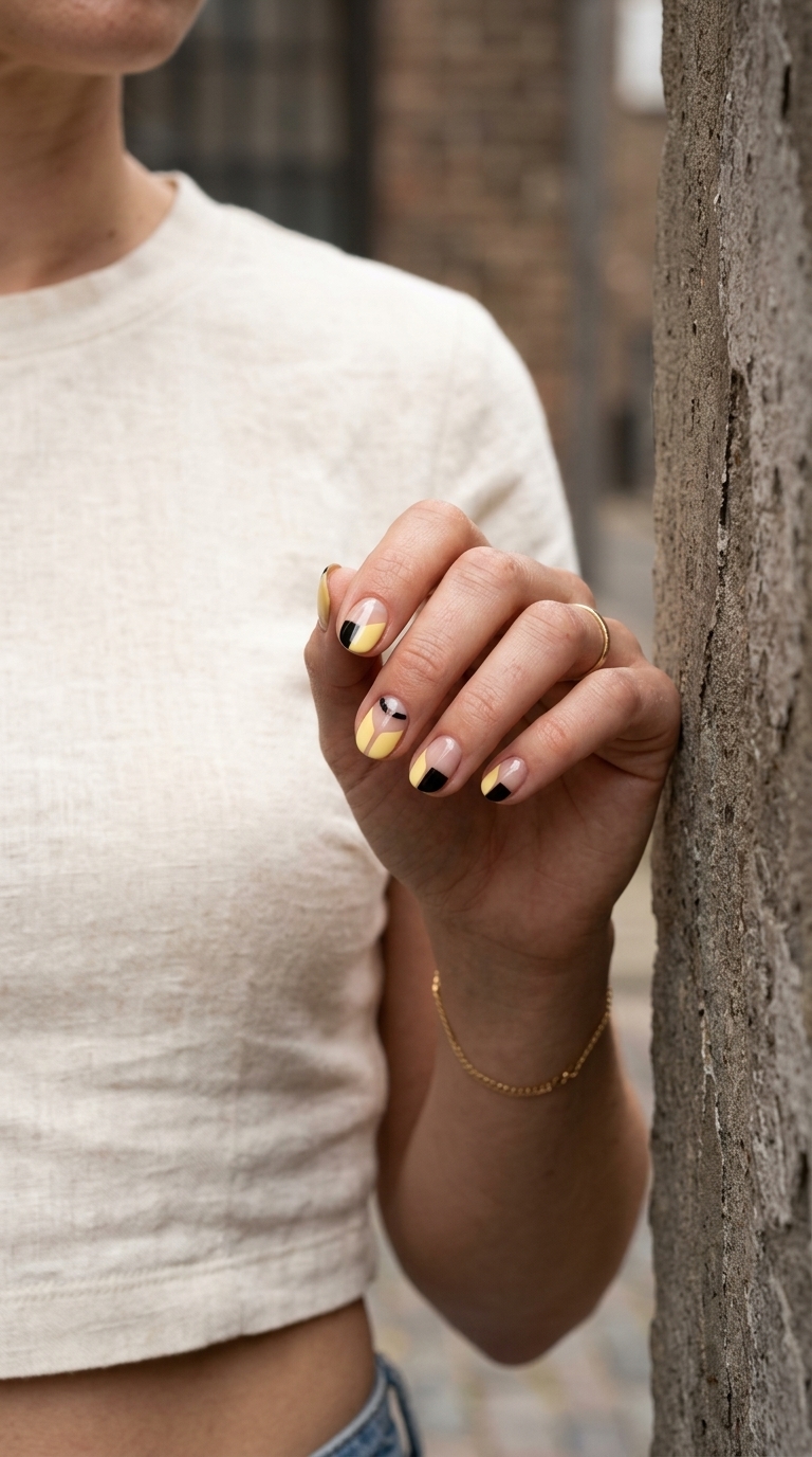 Butter Yellow Geometric Nails 2026 | Modern Summer Style Short round summer nails 2026: Butter yellow geometric art with negative space for a modern, artistic look.