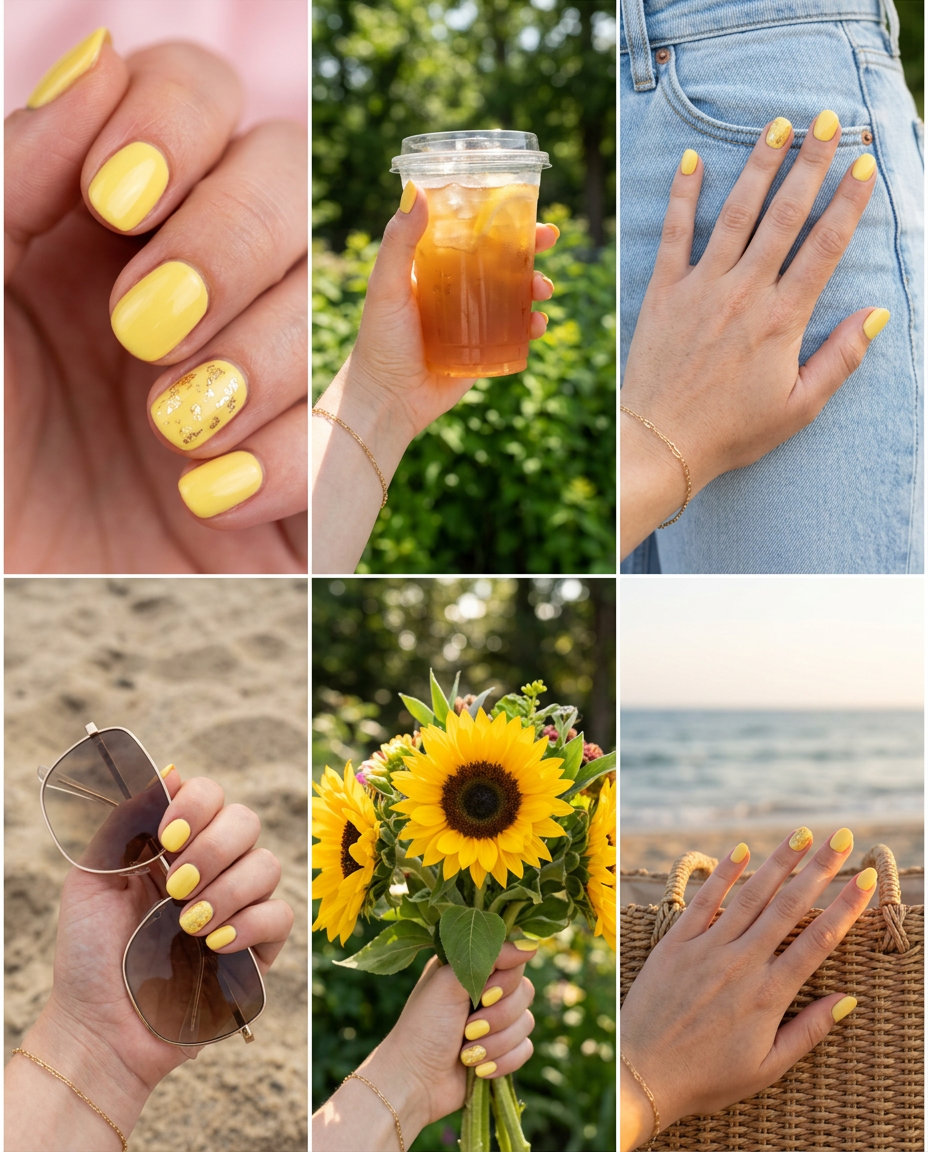 Butter Yellow Gold Flake Short Round Summer Nails 2026 Glamorous butter yellow gold flake short round summer nails 2026 for parties.