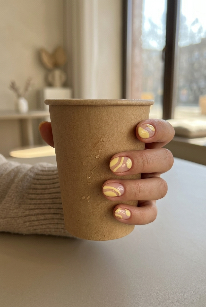 Short Round Summer Nails 2026: Butter Yellow Lines Short round summer nails 2026: Edgy butter yellow negative space lines for festivals or casual weekends.