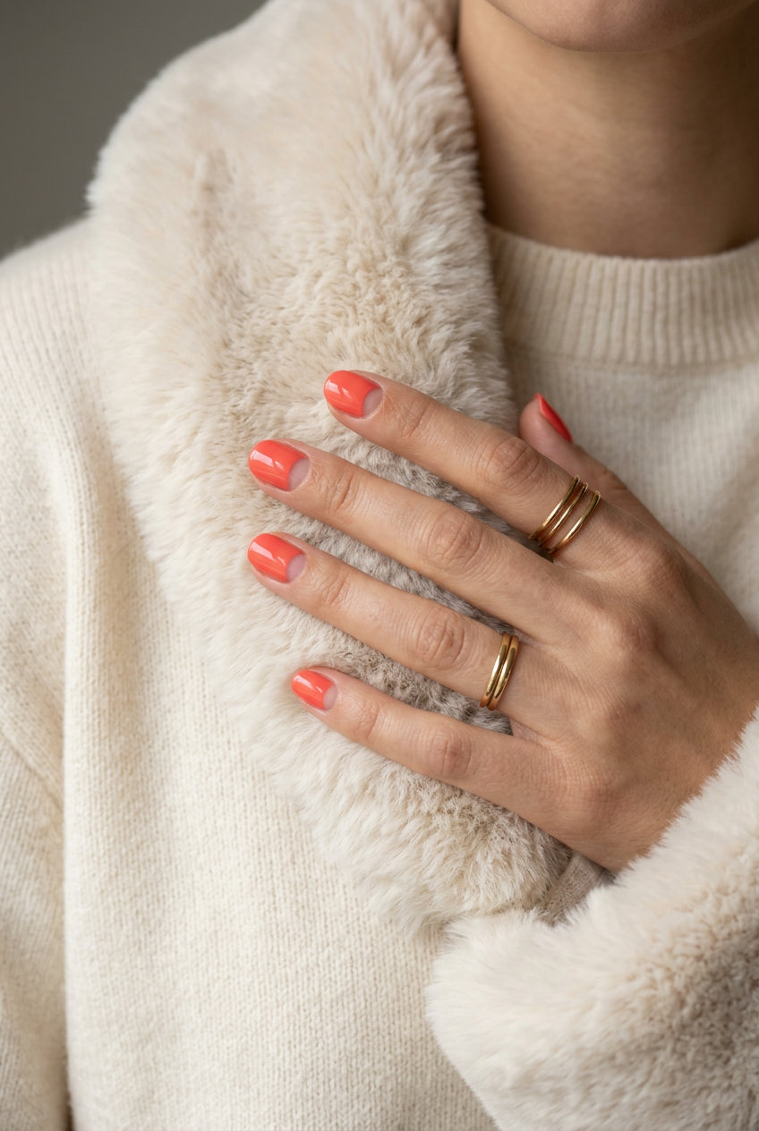 Short Round Summer Nails 2026: Coral French Tip Short round summer nails 2026: Bold coral base French tip for festivals or daytime events.