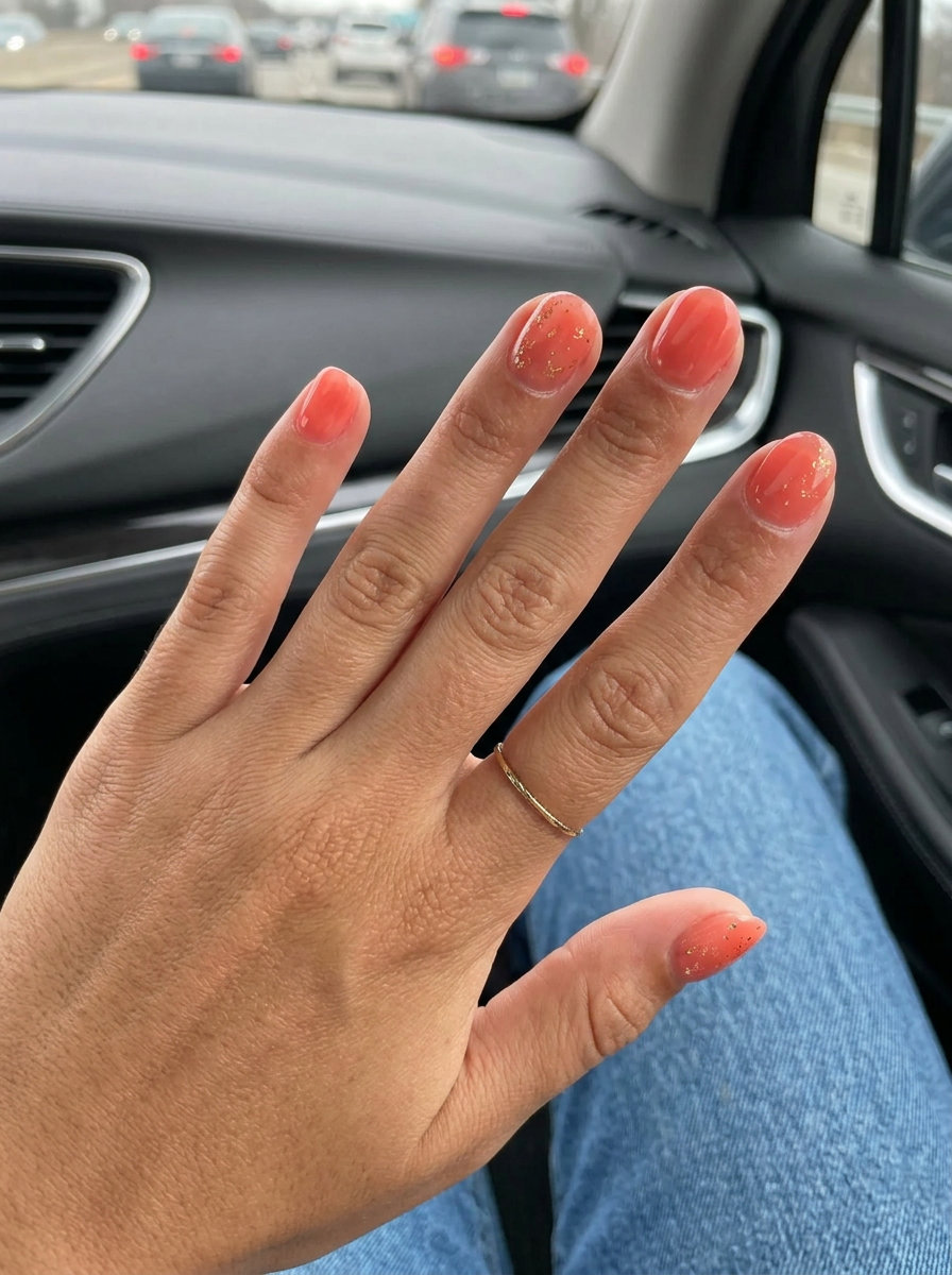 Short Round Summer Nails 2026: Coral Shimmer Accents Short round summer nails 2026: Playful sheer coral with gold shimmer accents for vacations or date nights.