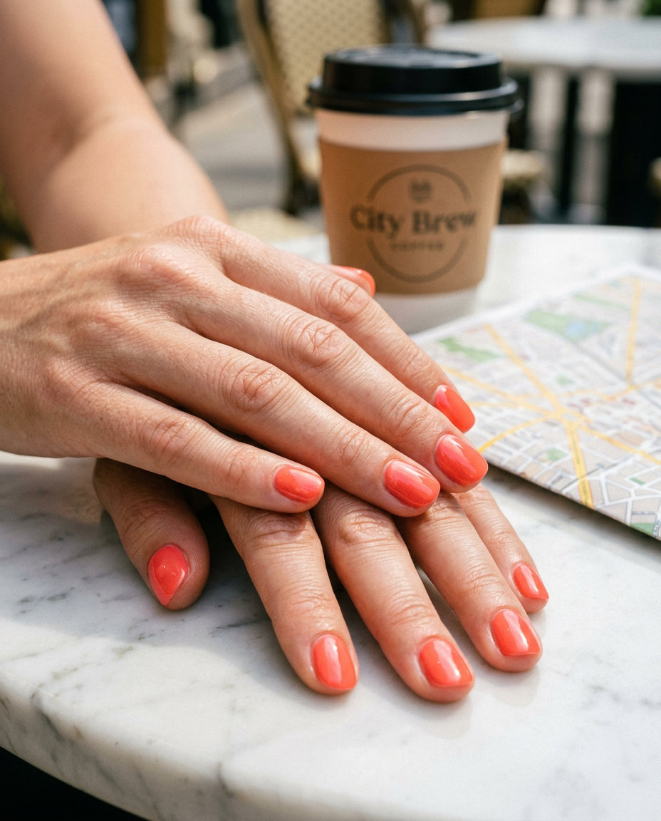Short round summer nails 2026: Energetic bright coral with high gloss for everyday wear.