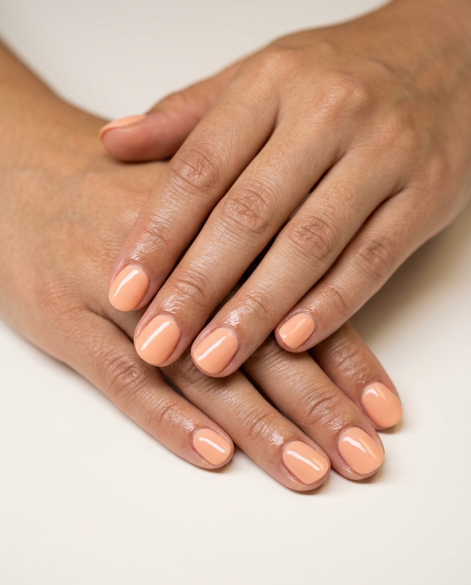 Short Round Summer Nails 2026: Glossy Peach Fuzz Short round summer nails 2026: Clean-girl glossy soft peach fuzz for everyday, work, or date night.