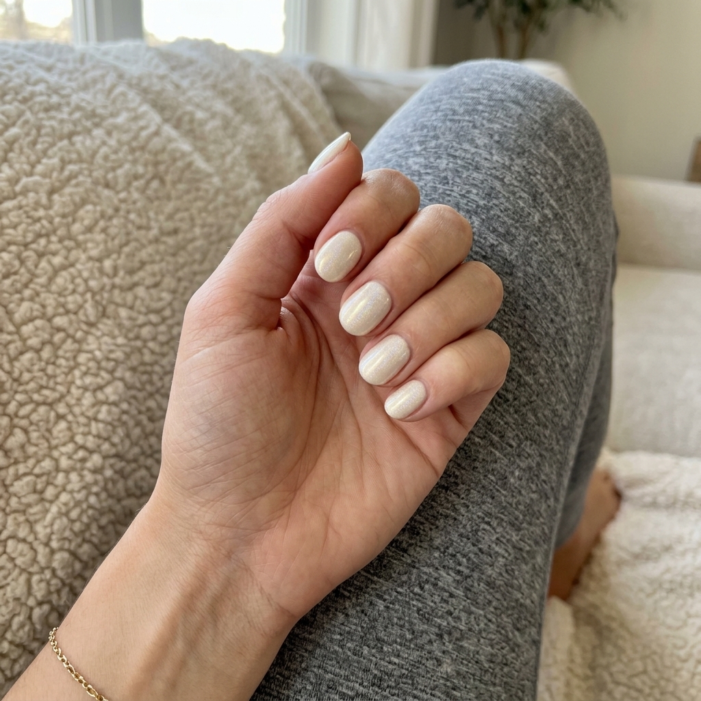 Ivory Holographic Whisper Short Round Summer Nails 2026 Elegant ivory holographic whisper short round summer nails 2026 for evenings.
