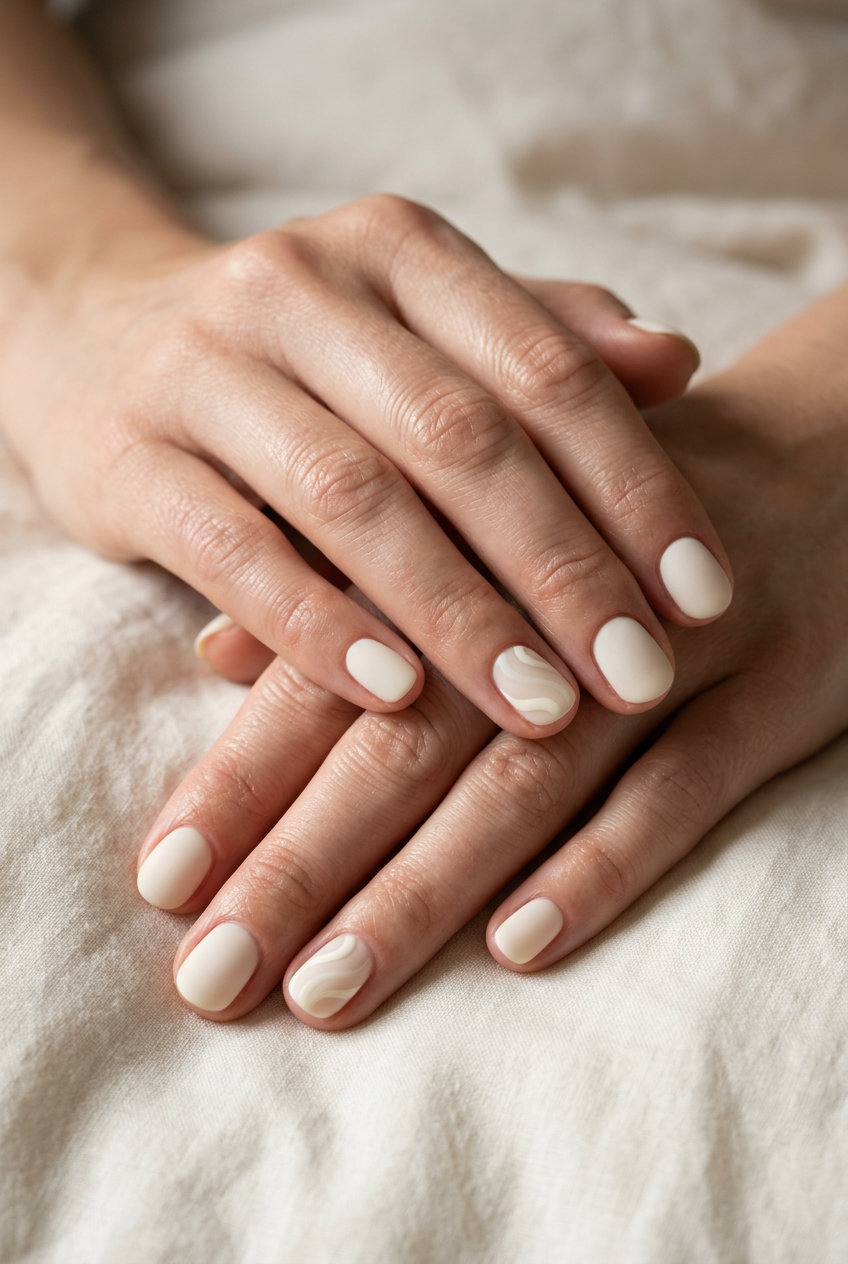 Ivory Swirl Nails 2026 | Elegant Summer Formal Short round summer nails 2026: Elegant ivory satin with creamy off-white swirls for formal events.