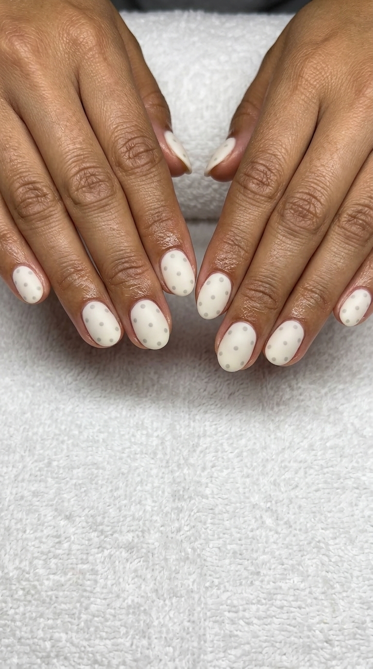 Short Round Summer Nails 2026: Milky Off-White Dots Short round summer nails 2026: Milky off-white with scattered dots for casual or wedding guest events.