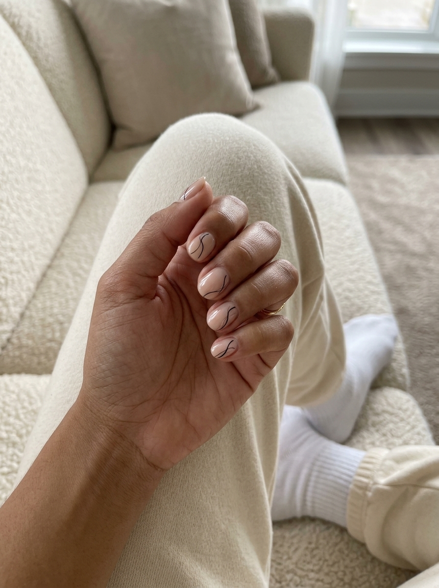 Short Round Summer Nails 2026: Nude Line Art Short round summer nails 2026: Minimalist milky nude with fine black abstract lines for chic everyday style.