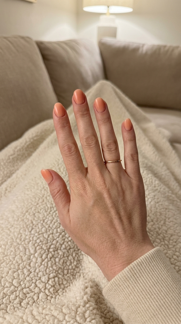 Short Round Summer Nails 2026: Peach Fuzz Ombre Short round summer nails 2026: Romantic Peach Fuzz ombre gradient for wedding guest or date nights.
