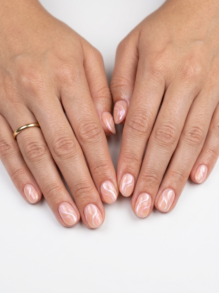Pearlescent Peach Nails 2026 | Romantic Summer Evening Short round summer nails 2026: Romantic peach fuzz with pearlescent swirls for evening dates.