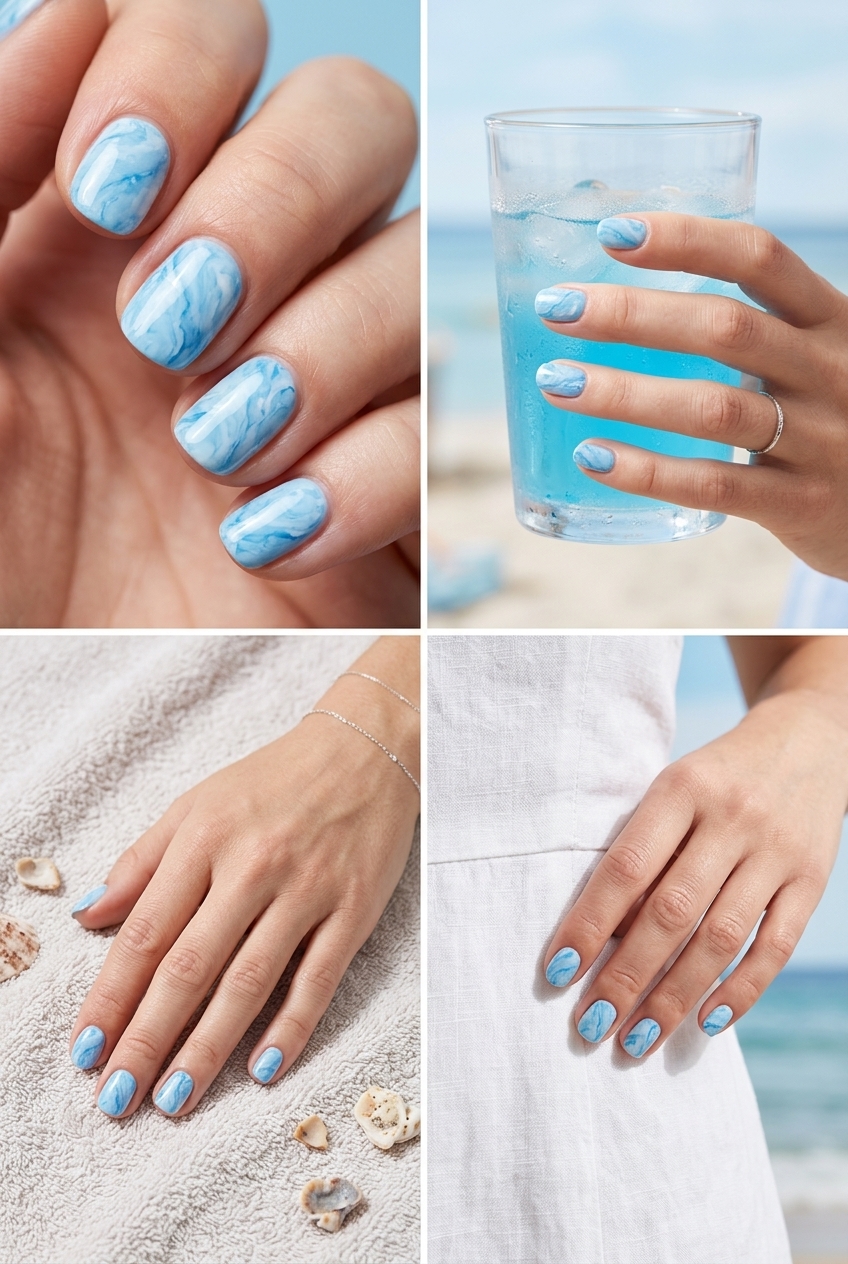 Short Round Summer Nails 2026: Sky Blue Marble Short round summer nails 2026: Sophisticated sky blue marble with optional silver veining for vacations.