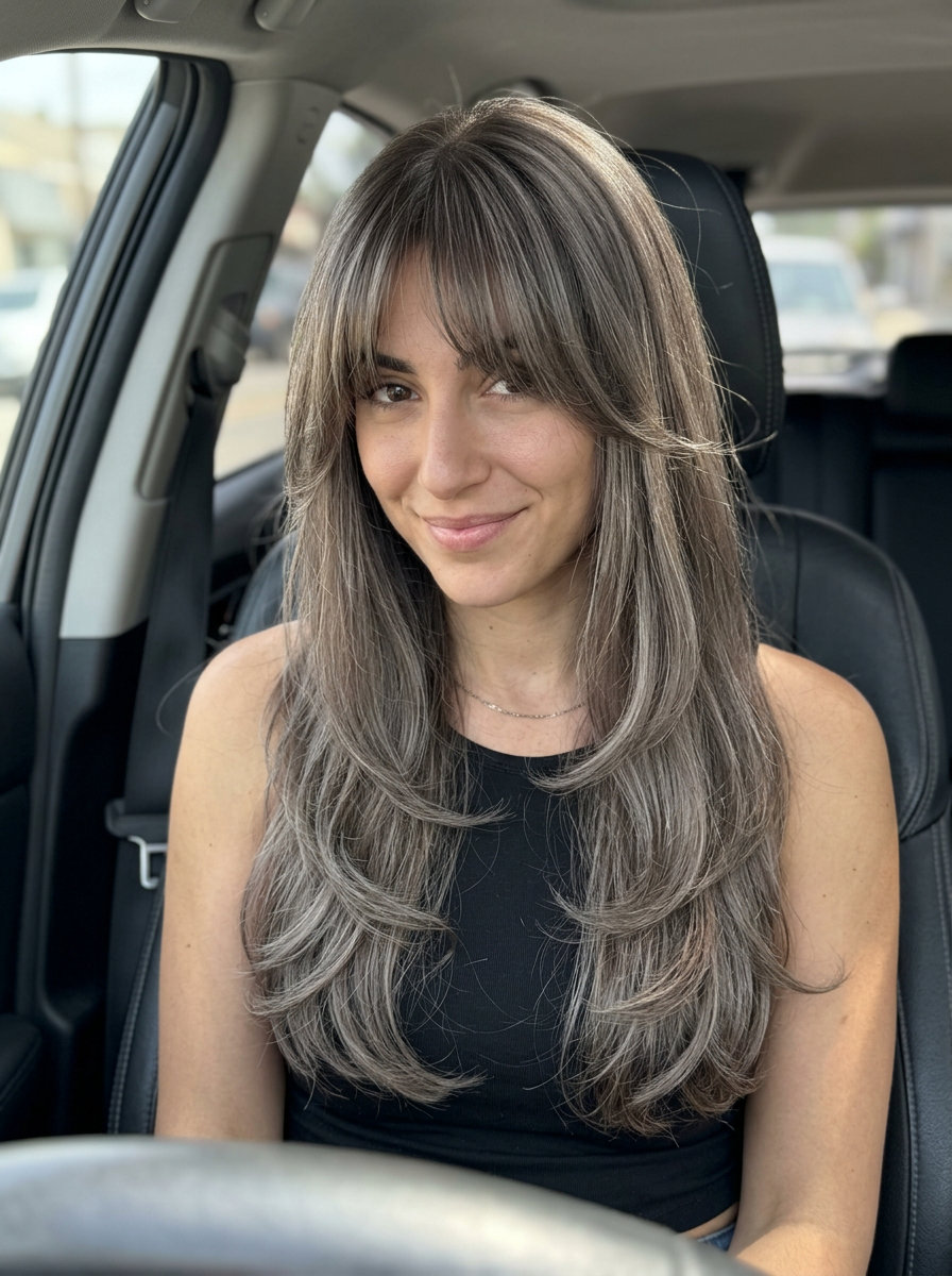 Romantic Silver Birch Mushroom Hair 2026 long silver birch brown mushroom hair with babylights and Birkin bangs for date night
