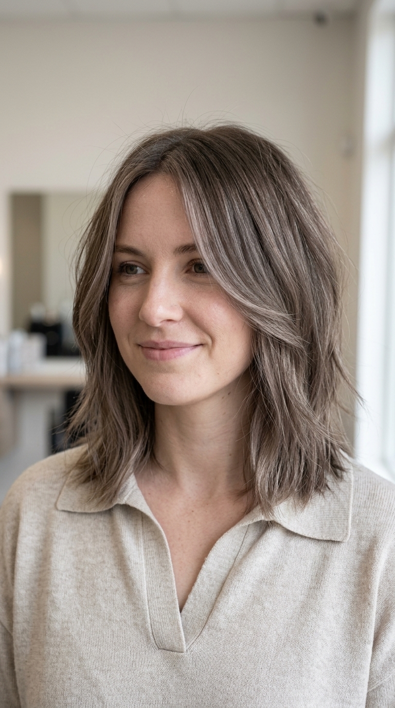medium silver birch mushroom brown cut with taupe babylights, soft layers — effortless