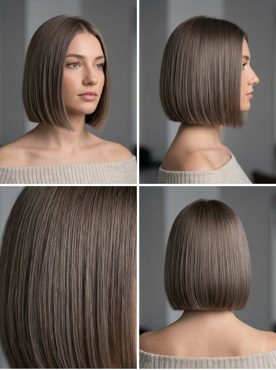 Silver Birch Bob 2026: Minimalist Cut short silver birch mushroom brown blunt bob with no layers, clean perimeter — minimalist