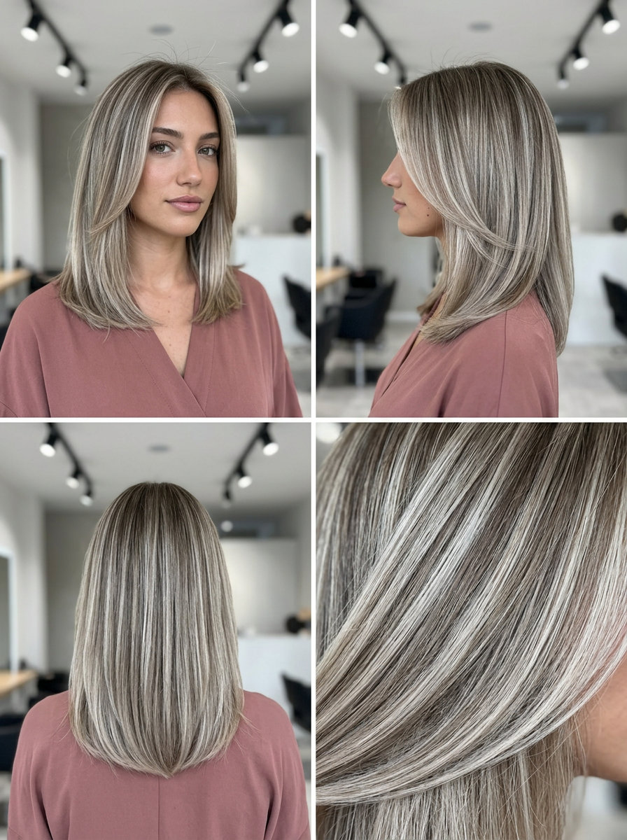 shoulder-length layered icy blonde with silver birch ash lowlights, foilyage, no fringe — professional chic